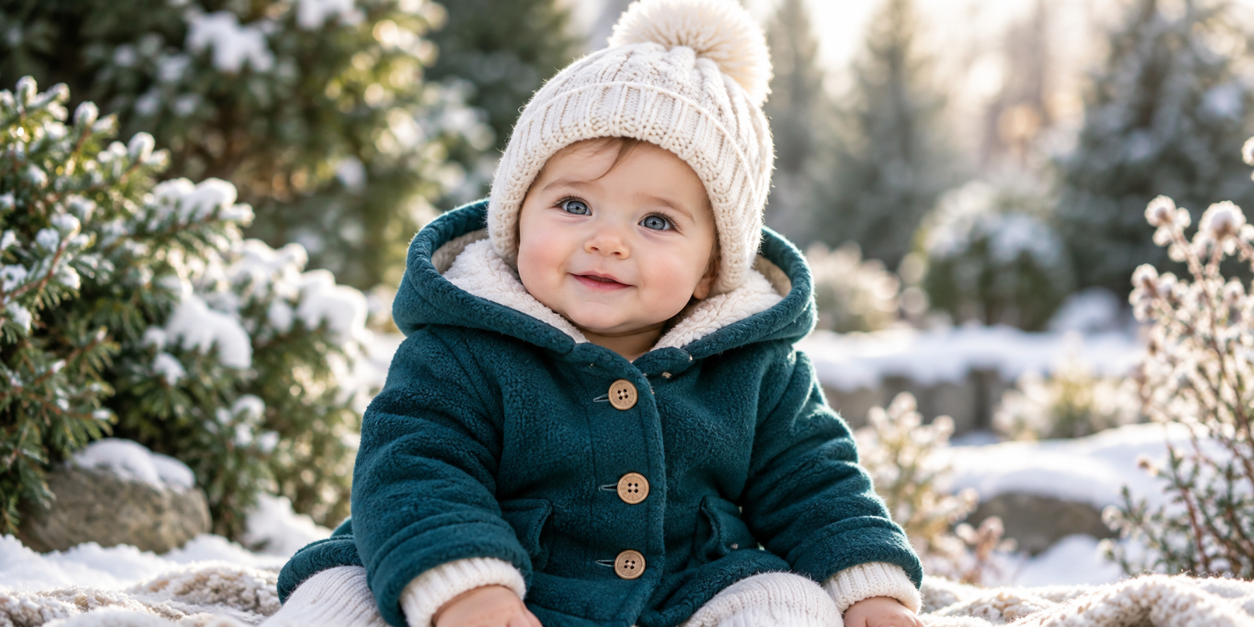 AI-generated fictional baby wearing a teal winter coat and ivory knitted hat